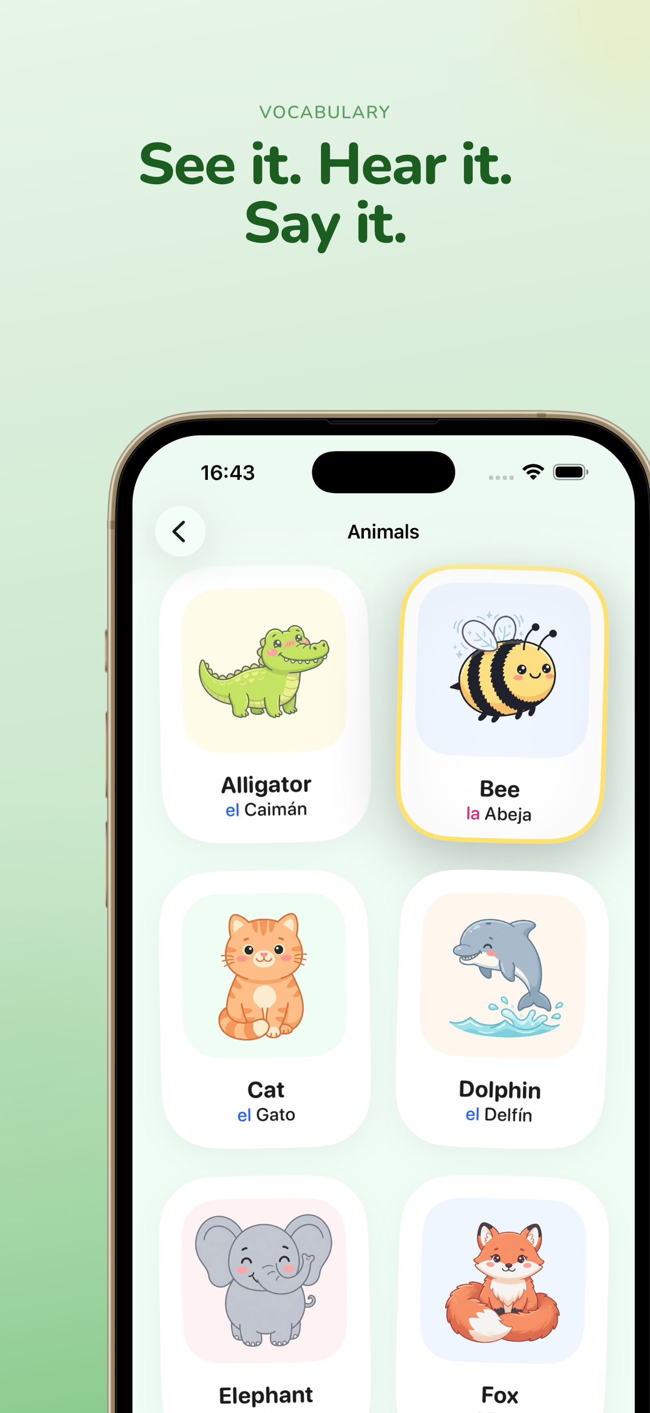Animal vocabulary cards with kawaii illustrations