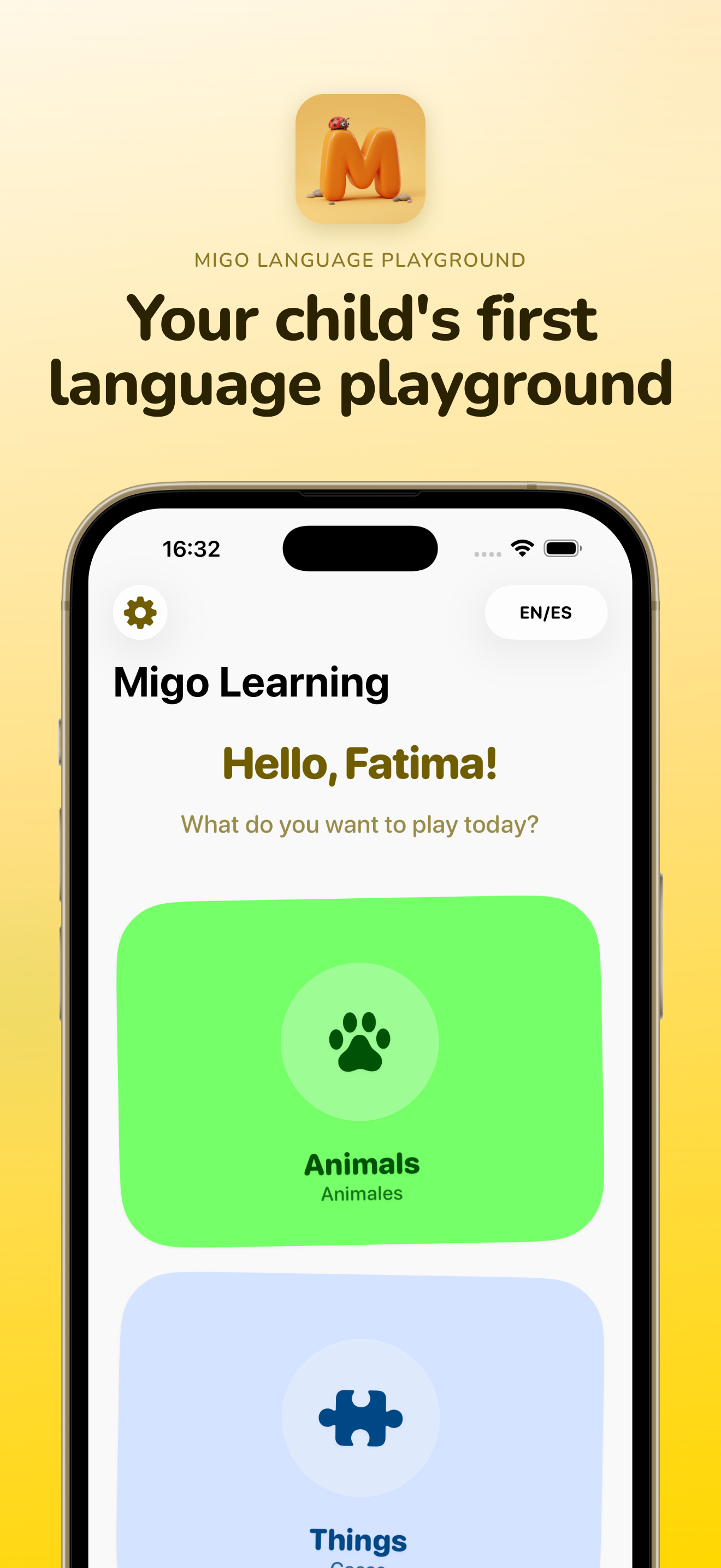 Migo home screen showing personalized greeting and learning categories